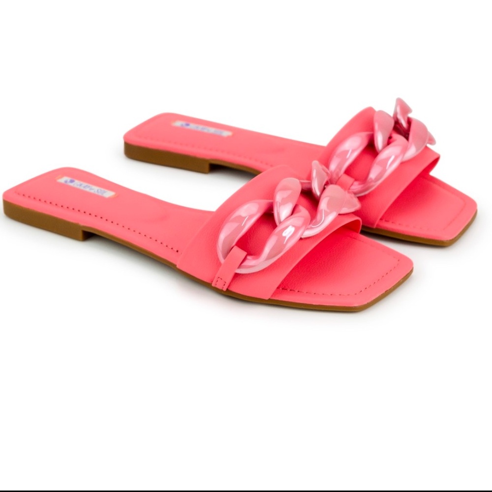 New Coral Pink Leather Iridescent Chain Slides sandals size 5 comfort soft girly
